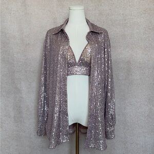 Main Strip Stunning Champagne Blush Sequin Button Down w/ Matching Bralette